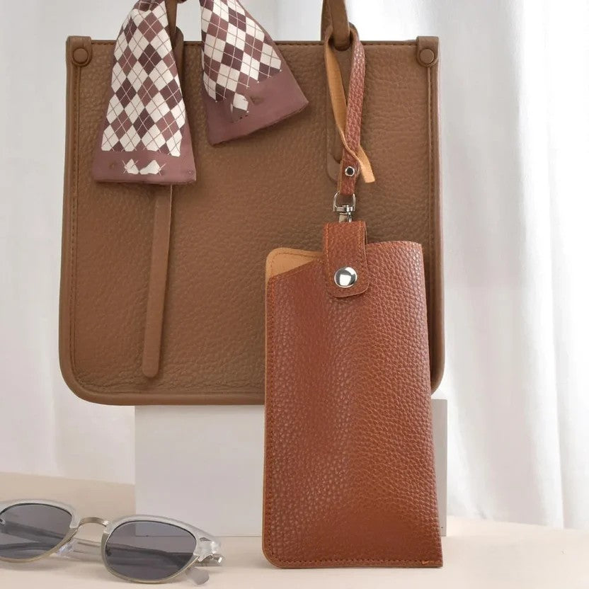 MiniSolutions rectangle PU leather glasses case in brown with metal snap closure and wrist strap