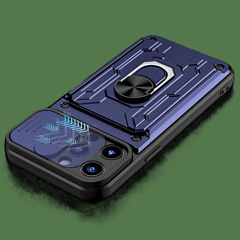 Navy blue shockproof iPhone case back view showing sliding camera cover ring kickstand and textured armour design on green background
