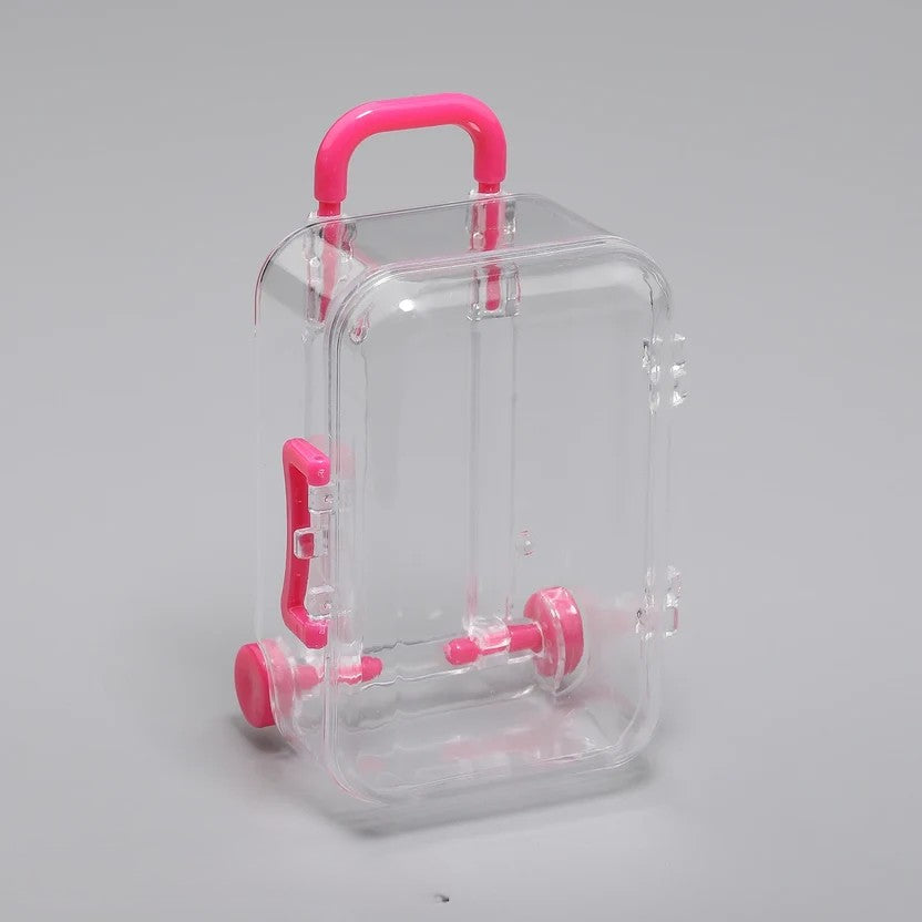 Transparent acrylic mini suitcase display box with rose color-matched handle, wheels, and latch
