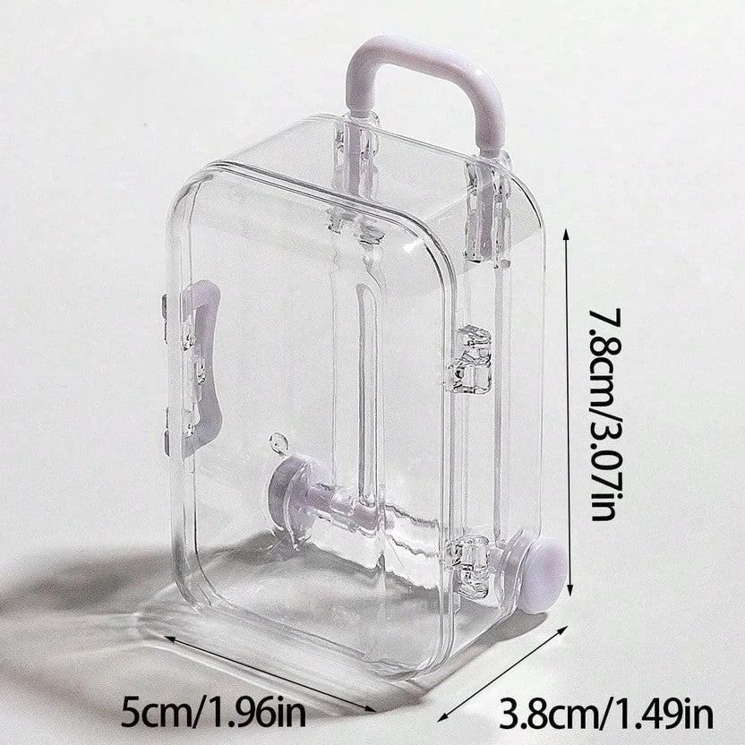 Transparent acrylic mini suitcase display box with white color-matched handle, wheels, and latch. Shows dementions