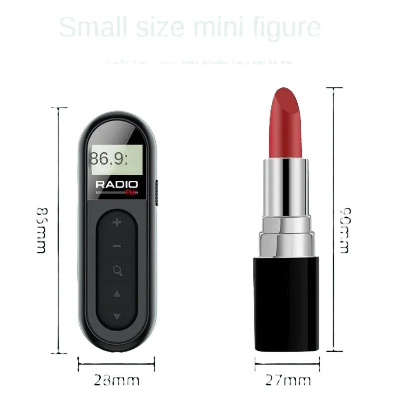 Mini portable FM radio dimensions 85mm x 28mm shown next to lipstick — smaller than a lipstick, fits in any pocket or small bag