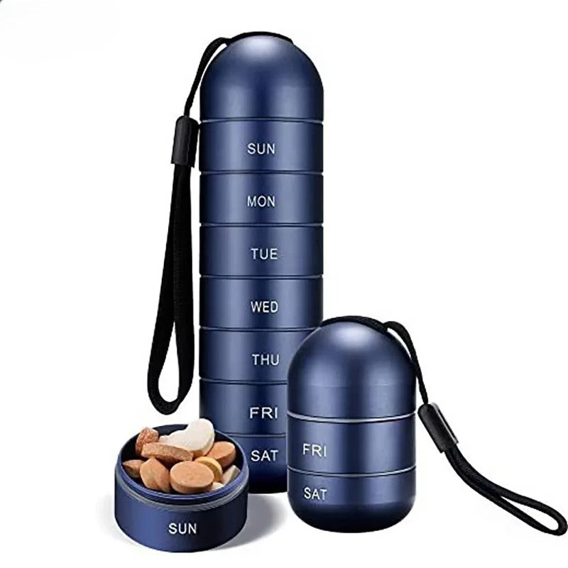 Blue aluminium 7-day pill organiser with strap, waterproof weekly medicine box
