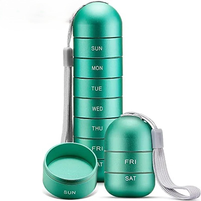 Green aluminium 7-day pill organiser with strap, waterproof weekly medicine box
