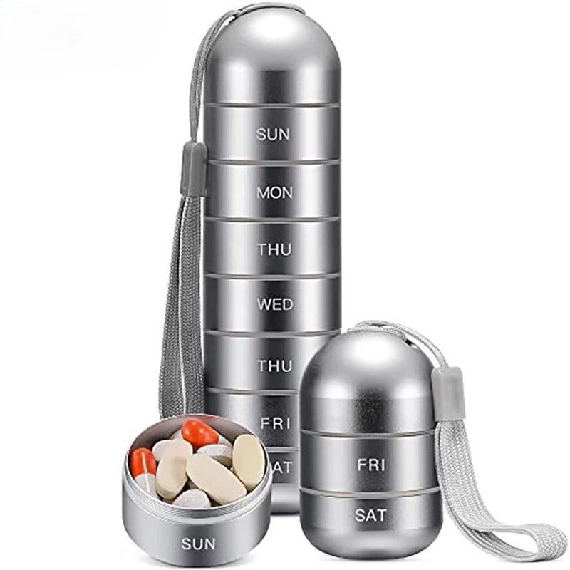 Silver aluminium 7-day pill organiser with strap, waterproof weekly medicine box