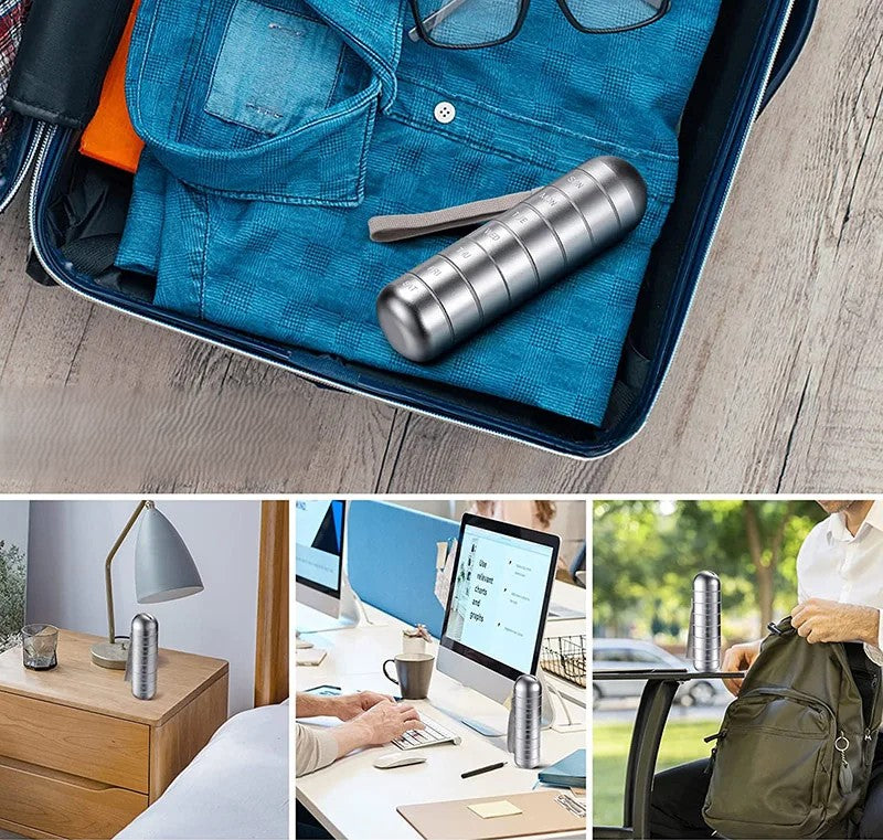 Lifestyle shot showing aluminium pill box suitable for office, travel, home and outdoor use