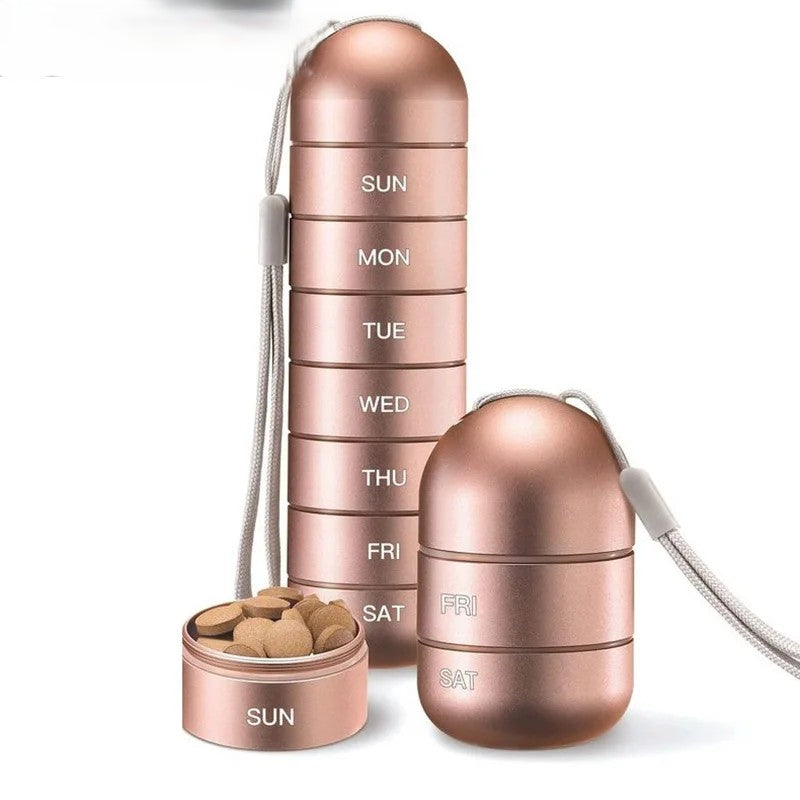 Metal Portable Medicine Box – 7‑Day Aluminium Alloy Waterproof Pill Holder with strap