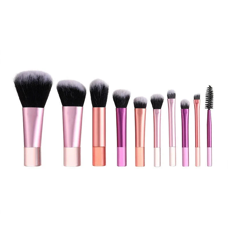 Purple Brush Set: 10-piece mini makeup brush set in purple with short handles and soft nylon bristles