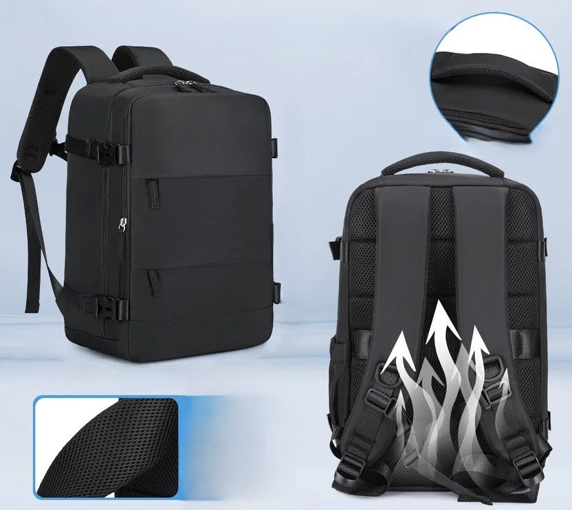 Compression travel backpack side view showing side pocket and compression buckle straps — 30L foldable boarding bag