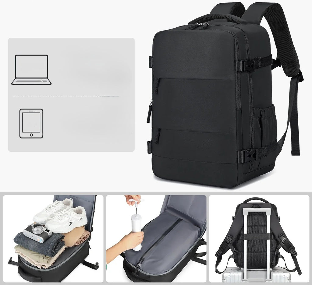 Compression travel backpack open showing inner laptop compartment and interior pocket — fits 15.6 inch laptop and 11 inch iPad Pro
